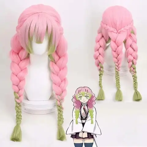 Mitsuri Kanroji 코스프레 perruque Kimetsu no Yaiba cheveux longs rose vert résistant à la chaleur authentiques 코스프레 perruques