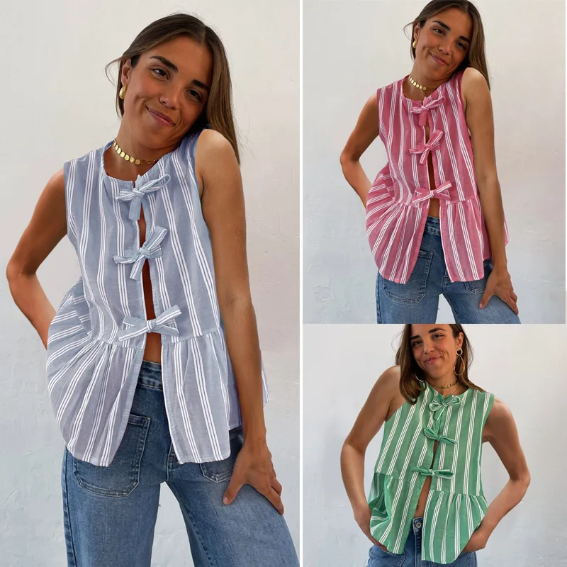 Women Lace Up Shirts Cardigan Striped Sleeveless Blouses Casual Casual Spliced Shirt Tops Tanks Elegant Lady Summer Beach