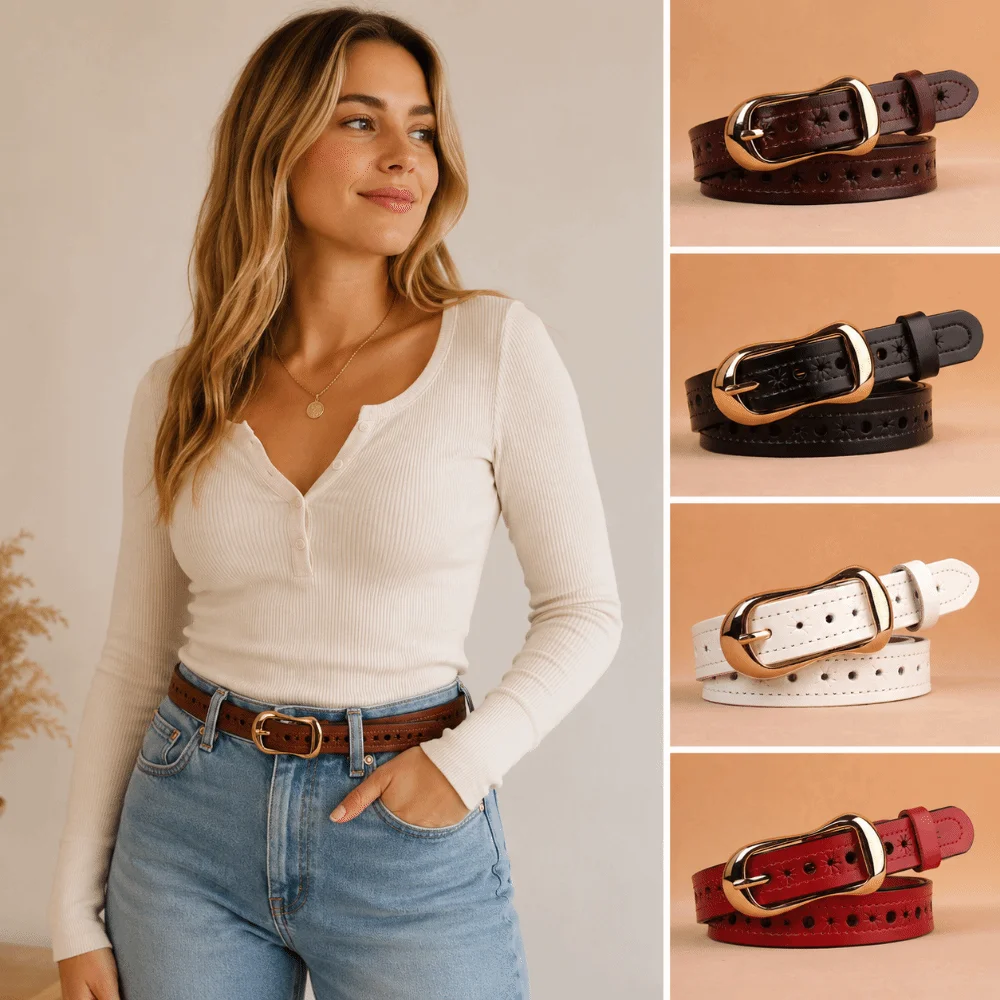 Gold Pin Buckle Hollow Eyelet Belt Adjustable Multi Hole Oval Metal Buckle PU Leather Belt Classic Design Perforated Leather