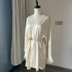 19 Momme Real Silk Kimono Bathrobe Sexy Feather Nightgown Elegant Champagne Sleepwear Women Summer New Loungewear Home Dress