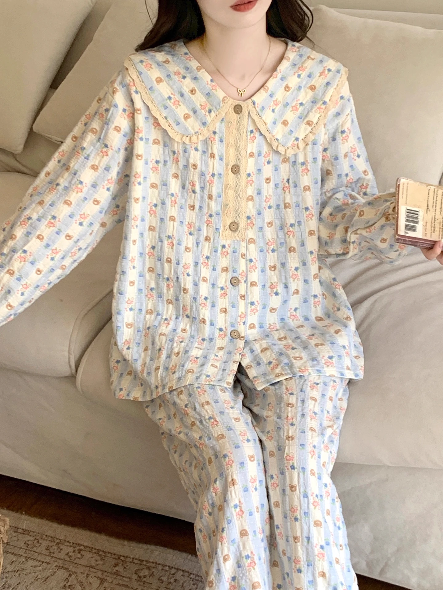 

Princ Sle Spwear Long Sve Doll Collar Home Clothes Spring Autumn Winter Youth Comfortable Breathable Cloud Cotton