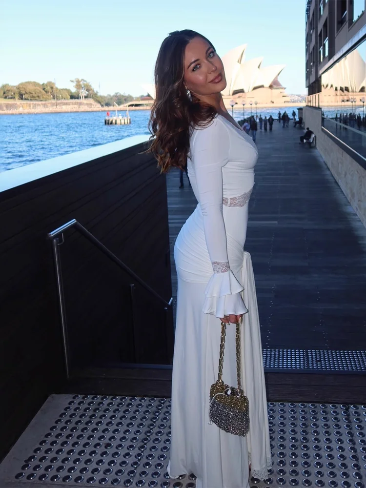 

Elegant White Lace Patchwork Maxi Dress Women V-neck Flared Sleeves Waist Cinching Pleated Robe 2026 Spring New Lady Party Gowns