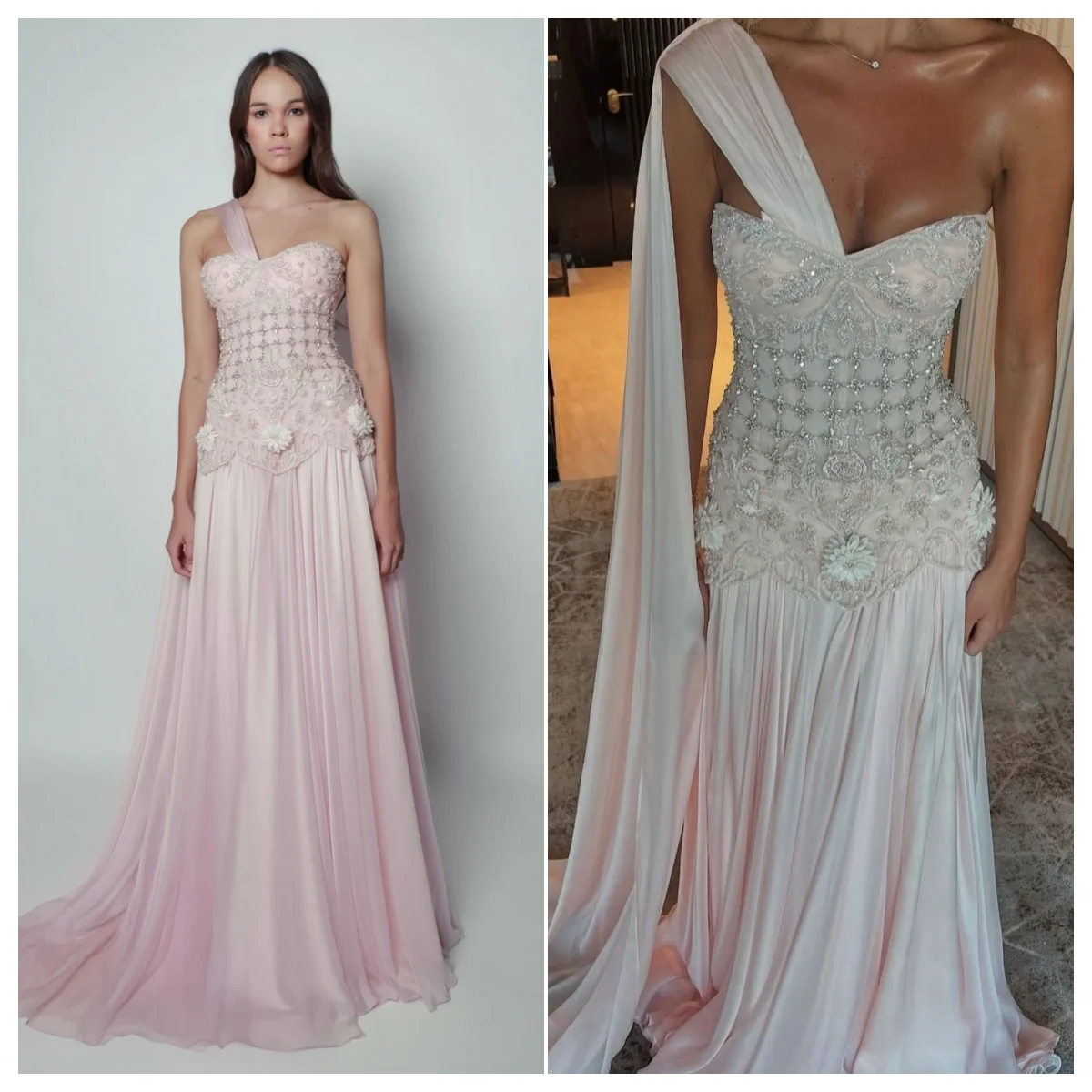 

luxury One Shoulder A Line Evening Dress with Cape 3D Flowers Crystal Beaded Flowing Skirt Chiffon Formal Party Gown Customized
