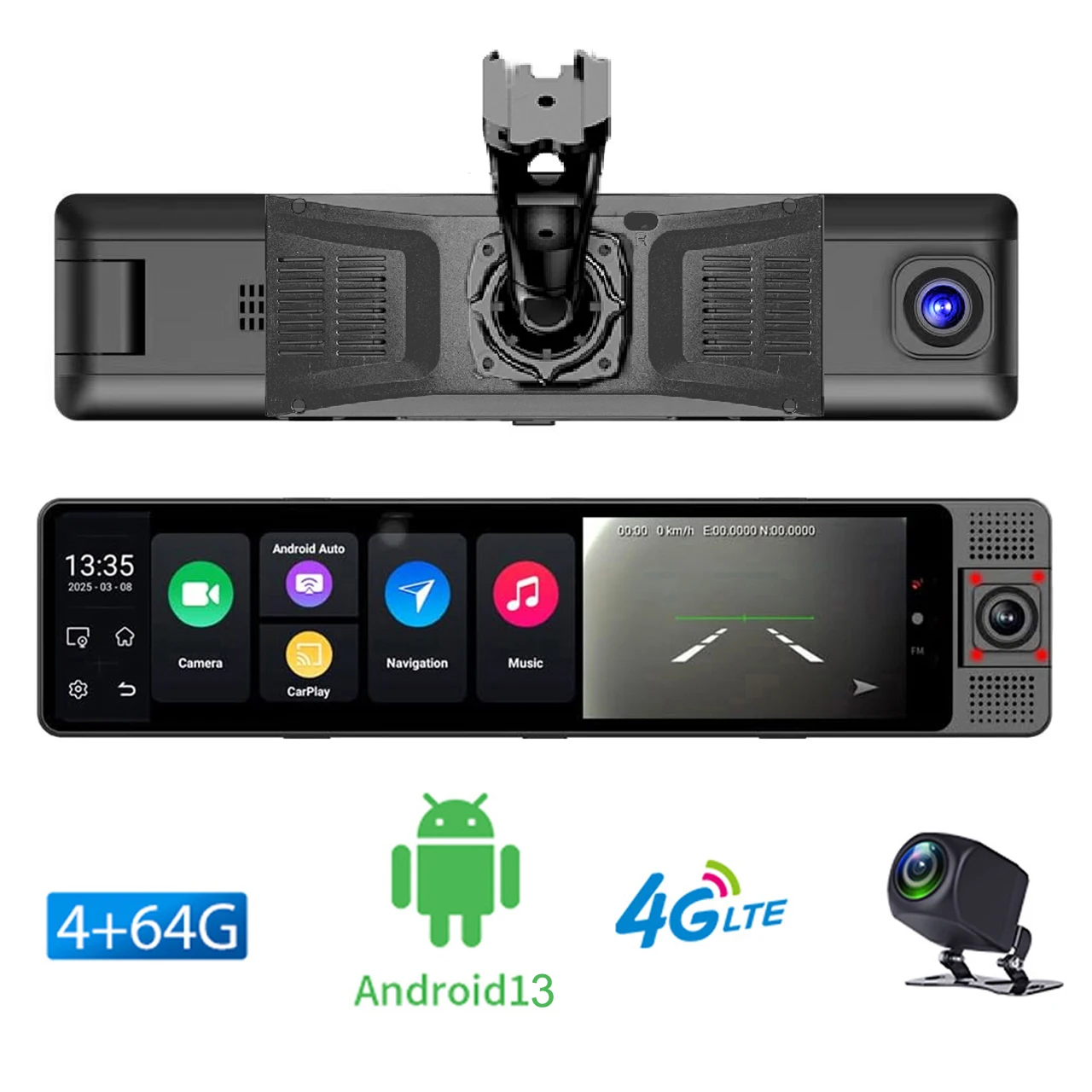 Rearview Mirror Dash Cam 3 Channel With Special Bracket Car Cameras Android 13 OS 8 Core 4G RAM+64G ROM Carplay & Android Auto
