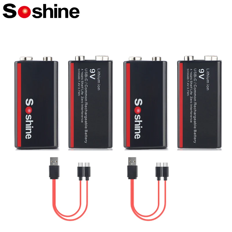 Soshine USB 9V 500mAh Li-ion Rechargeable Battery 9V Low Self-discharge Lithium-ion Battery for Electric Guitar Medical Devices