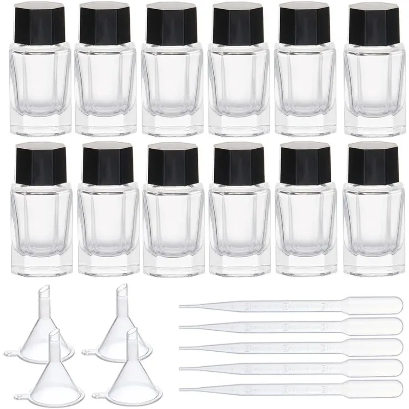 

12Pcs 15ml Heavy Duty Glass Inkwell Jars with Black ABS Plastic Caps 6Pcs Plastic Droppers 4Pcs Plastic Funnels for Ink Liquid