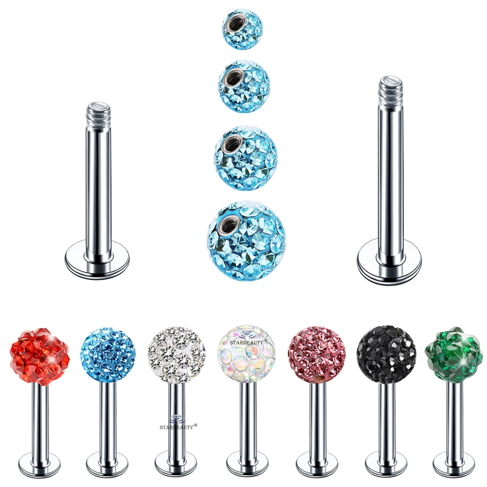 New 1Pc 18G 1.0x6/8mm Bar 3/4/5/6mm Crystal Ball Labret Piercing Nose Stud Lip Ring Helix Tragus Conch Piercing Lobe Ear Jewelry