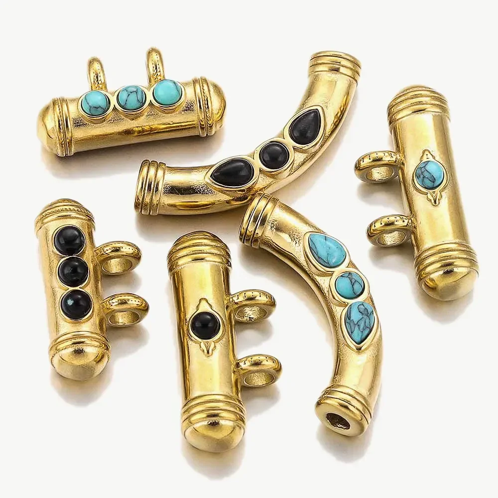 2pcs Stainless Steel Gold Plated Natural Stone Tube Beads Pendant Bohemian for DIY Necklace Bracelet Charms for Jewelry Making