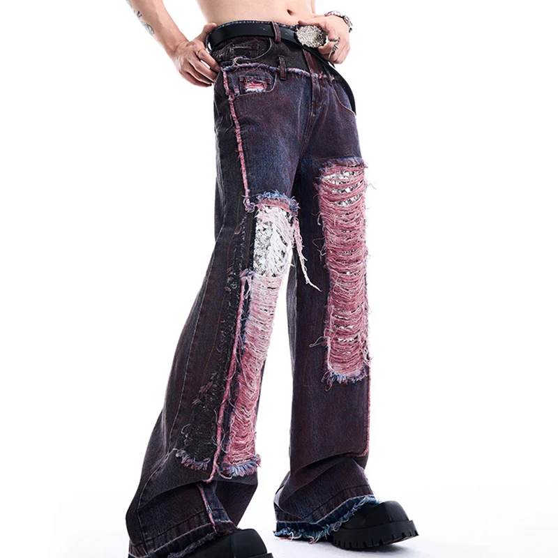 FEWQ Sequin Men's Splicing Jeans Straight Tube 2024 Contrast Color Vintage Wide Leg Male Trousers Korea Fashion Pants 24E2705