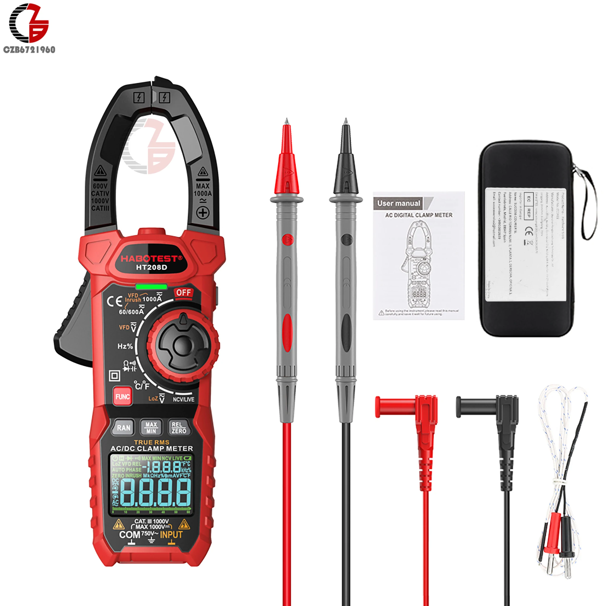 HT208 Digital Clamp Meter 1000A 1000V Multimeter AC DC True RMS Voltage Tester Amperimetrica Capacitance NCV Ohm Hz Tester