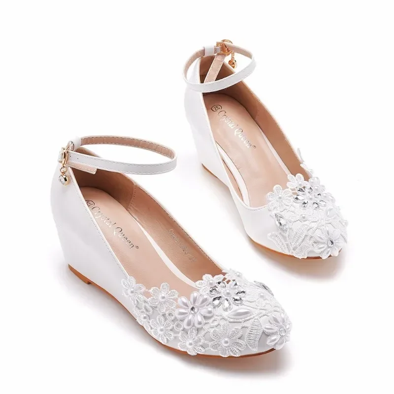 Pumps Women Office Round Toe Lace Buckle Strap PU 5CM Wedges Dress Sandals Japanese Style Party Shoes Woman White Classics