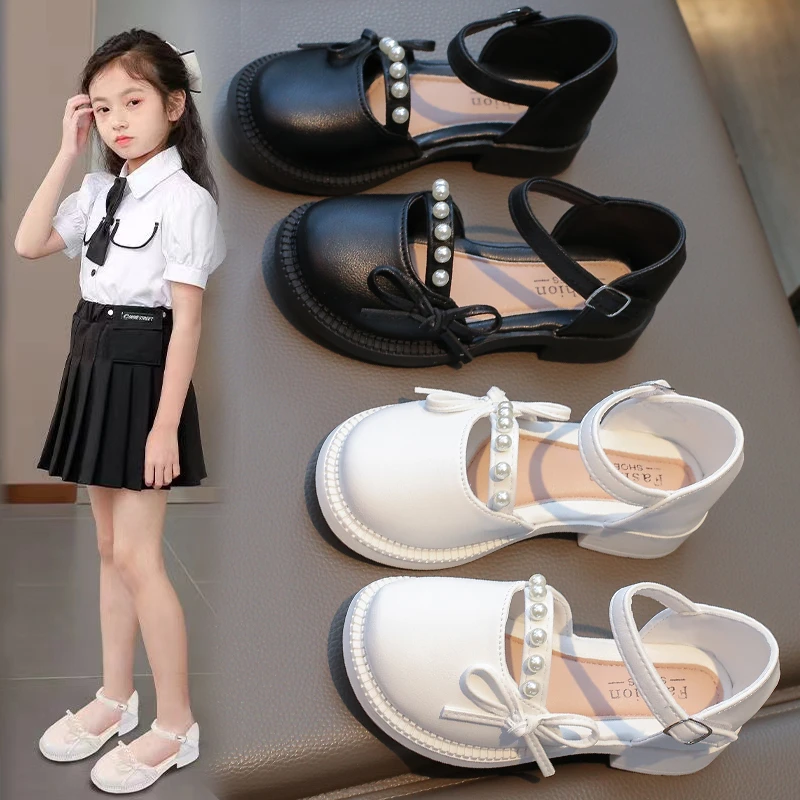 

2025 New Girls Princess Leather Shoes with Bow-knot Sweet Children Lace Flats Mary Jane Shoes Fashion Kids Performance Shoes