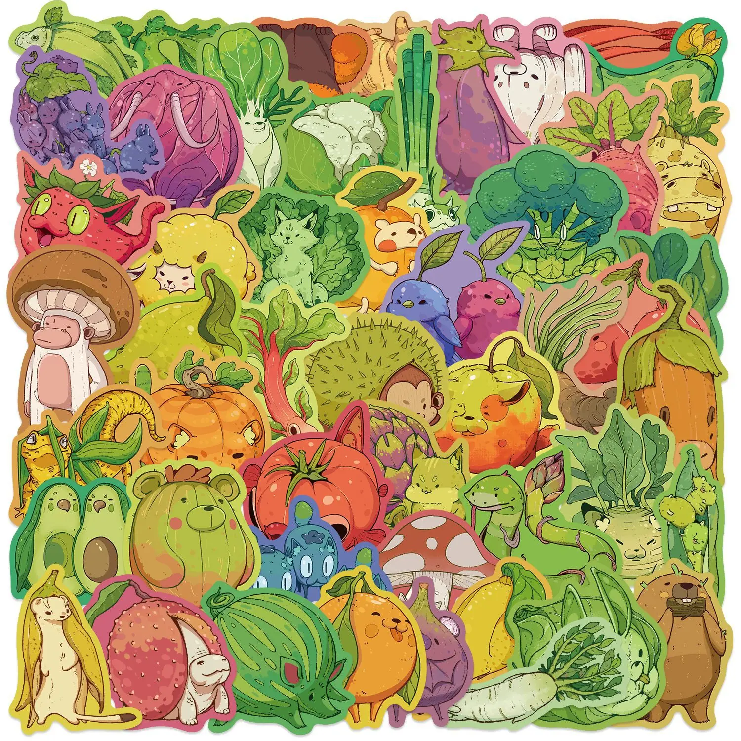 50pcs/set Cute Fruits Vegetables Small Animals Doodle Stickers DIY Wall Waterproof Decorations For Guitar Notebook Luggage