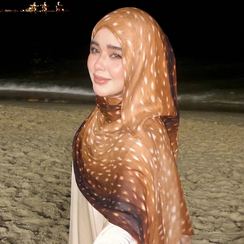 

Шарф-хиджаб с акварельным принтом и дизайном под оленью кожу для женщин: мягкий, дышащий, из вискозы и хлопка, легкий исламский тюрбан