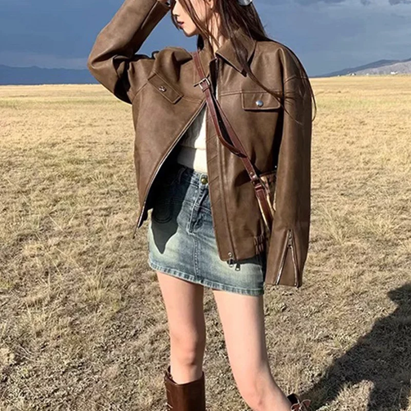 Otoño Invierno mujer cremallera chaqueta de cuero marrón estilo americano ropa de calle Retro Moto Biker abrigo prendas de vestir