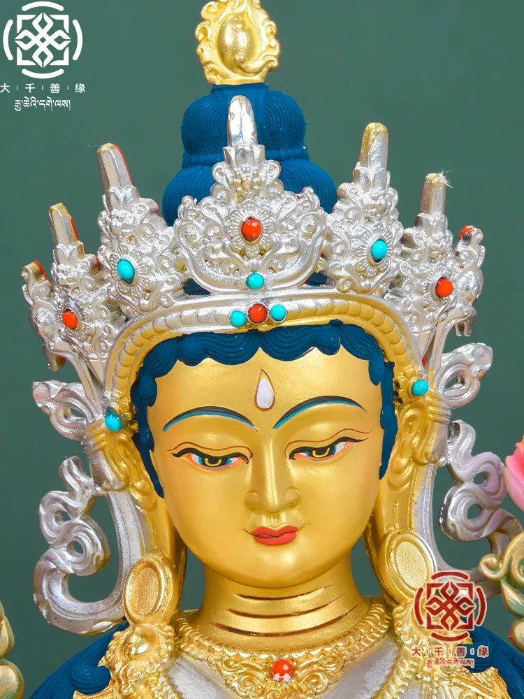 Daqian Good Luck New Pure Copper Gilded Gold and Silver Plated Home Worship of the Secret Sect Green Tara Bodhisattva