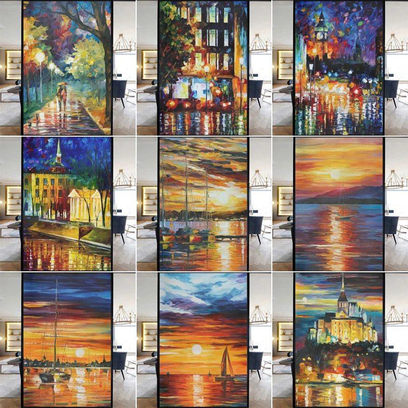 

European Style Retro Privacy Windows Film Landscape Oil Painting Colorful Stained Glass Stickers Static Cling Glass Film