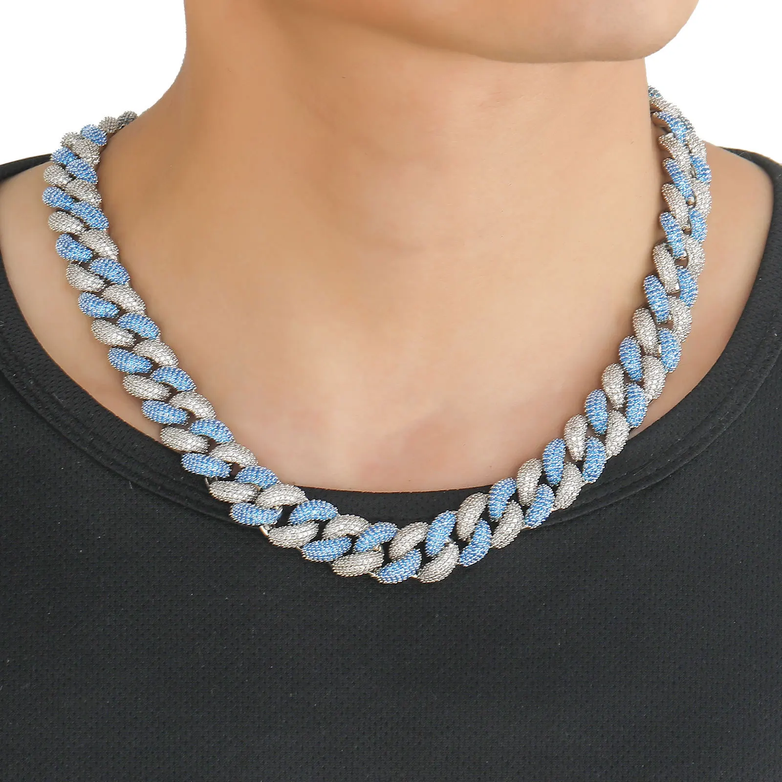 Blue and White Zircon Cuban Chain Men's and Women's Necklace Bracelet Clavicle Chain