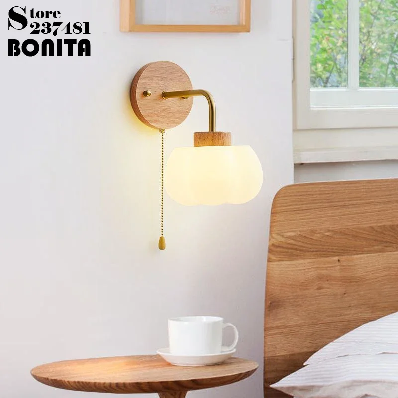 

Pumpkin Lamp Solid Wooden Wall Light with Zipper Switch Nordic Aisle Bedside Children's Room Milky White Atmosphere Sconce Light