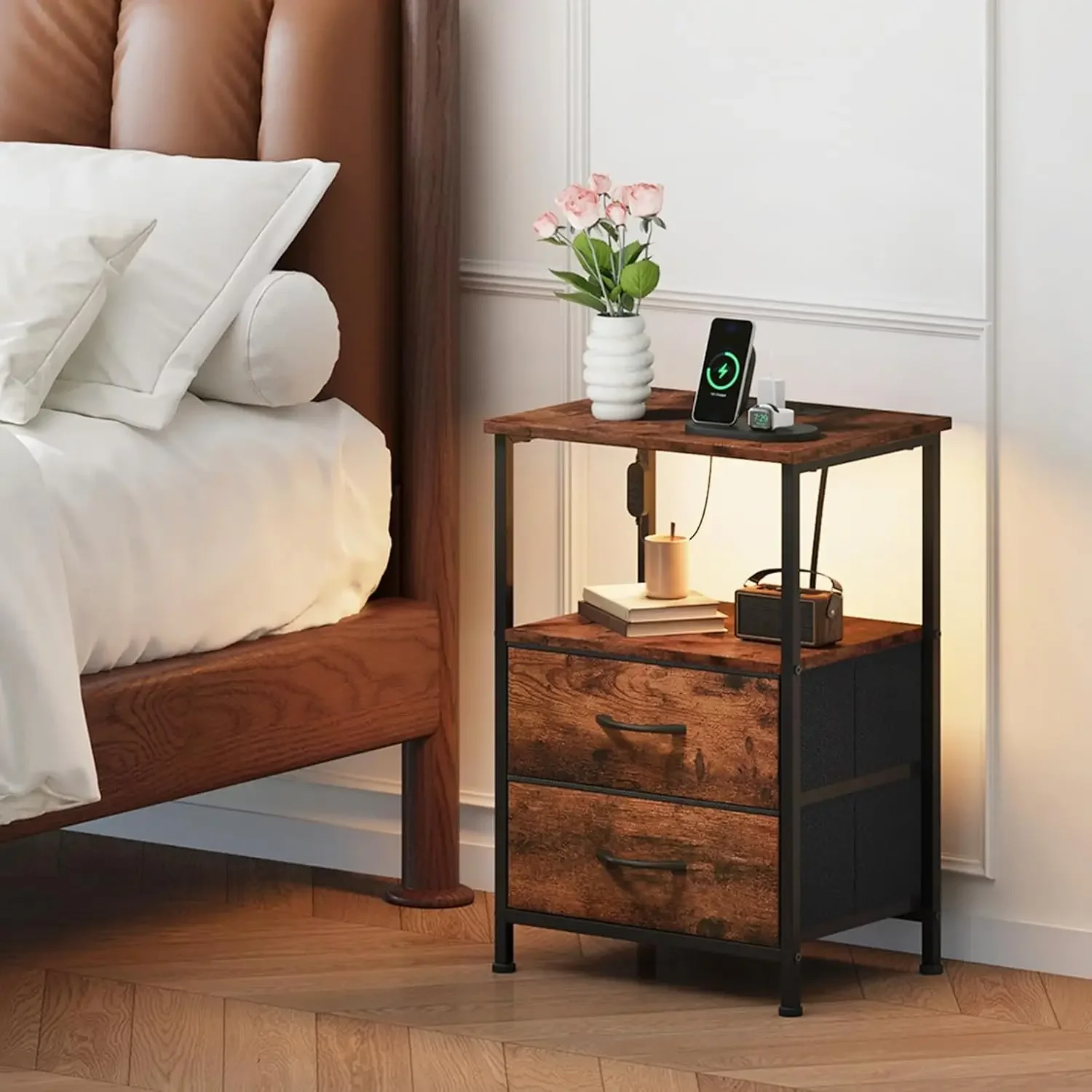 Nightstands Set of 2,End Tables with Charging Station and LED Lights,Night Stand with 2 Fabric Drawers, Bedside Table for Dorm