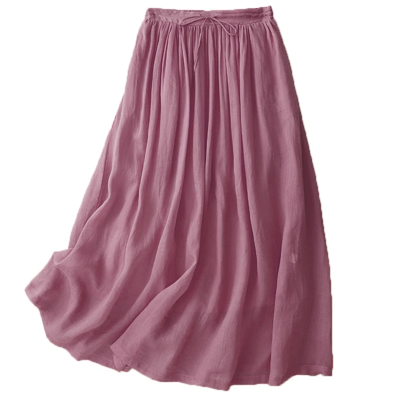 Frauen 2025, Sommer, elastische Taille, Baumwolle, Leinen, doppellagig, elegant, schlank, lang, Midi-Rock, Boho, lässig, Streetwear