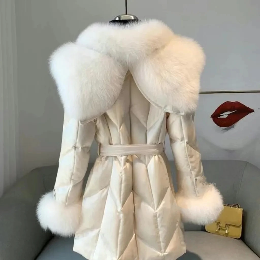 Womens White Duck Down Coat Imitate Fox Fur Collar Female Long Outwear Thick Warm Parkas Fashion New Winter Jacket