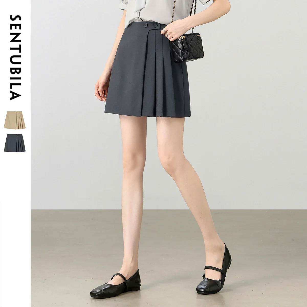 

SENTUBILA женская одежда, осенняя новинка, плиссированная юбка трапециевидной формы с высокой талией, женские узкие шорты с асимметричным подолом, юбки 153QB0010