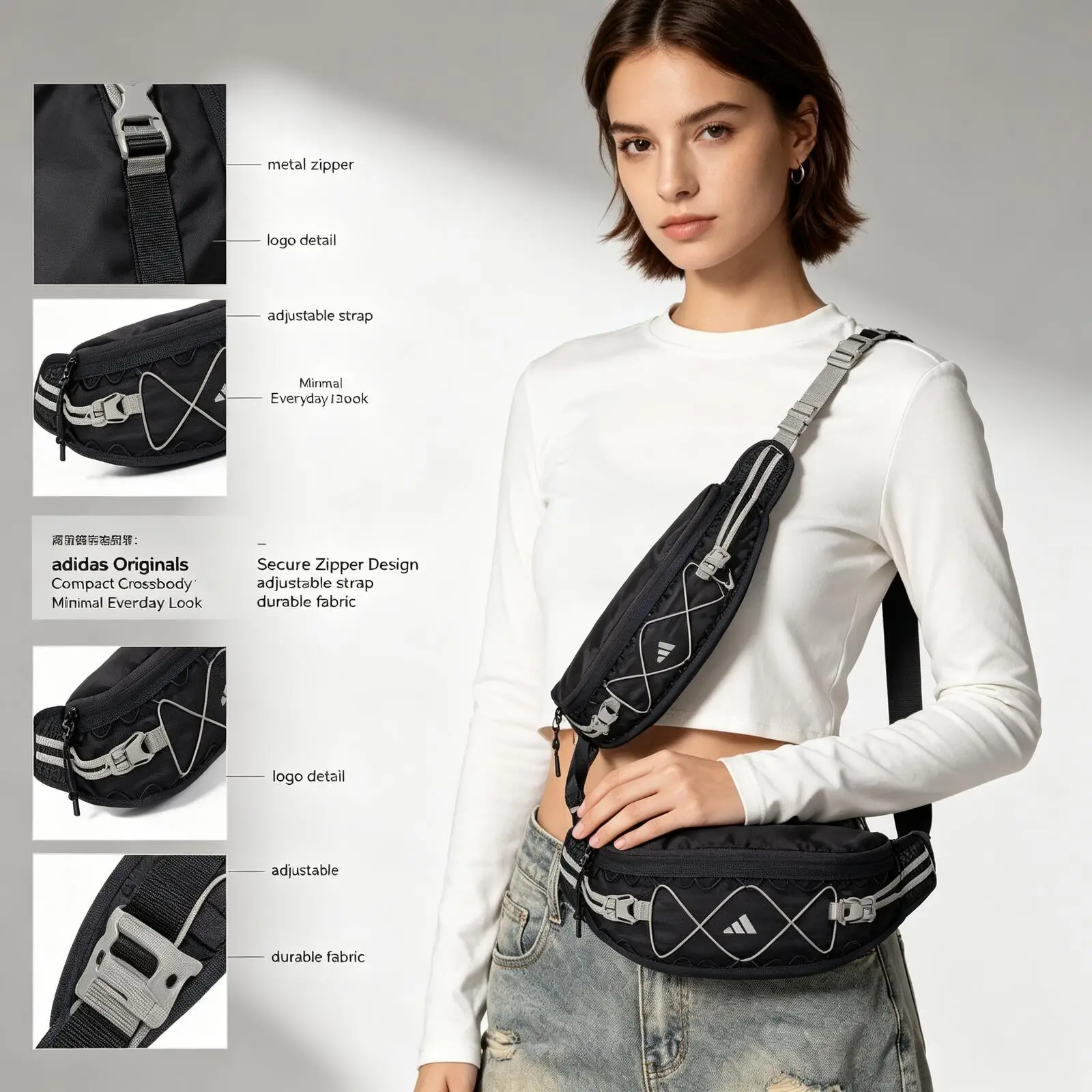 

Adidas Originals Women Black Crossbody Bag Classic Logo Compact Size Adjustable Strap Zipper Closure Casual Daily Shoulder Purse