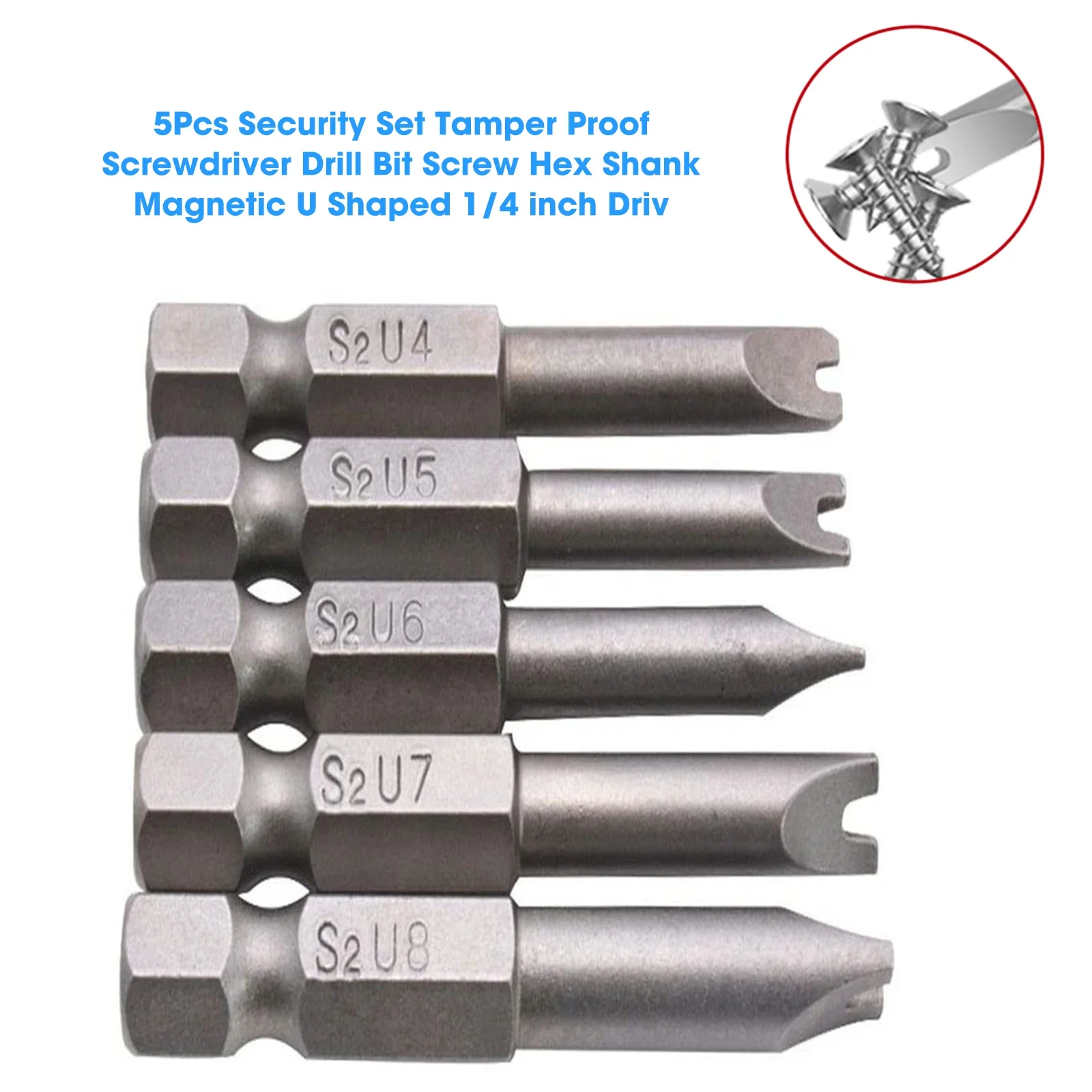 

Magnetic Tamper Proof Screwdriver Drill Bit Set, Screw Hex Shank, U Shaped, 1/4 "Driver, 5Pcs