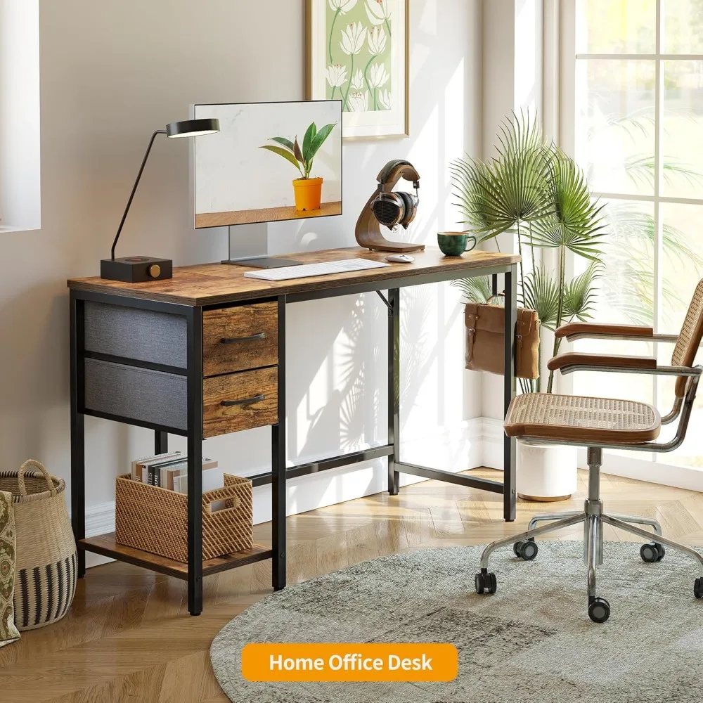 47 Inch Modern Home Office Desk with Drawers, Vintage Brown Study Writing Table, Sturdy PC Desk