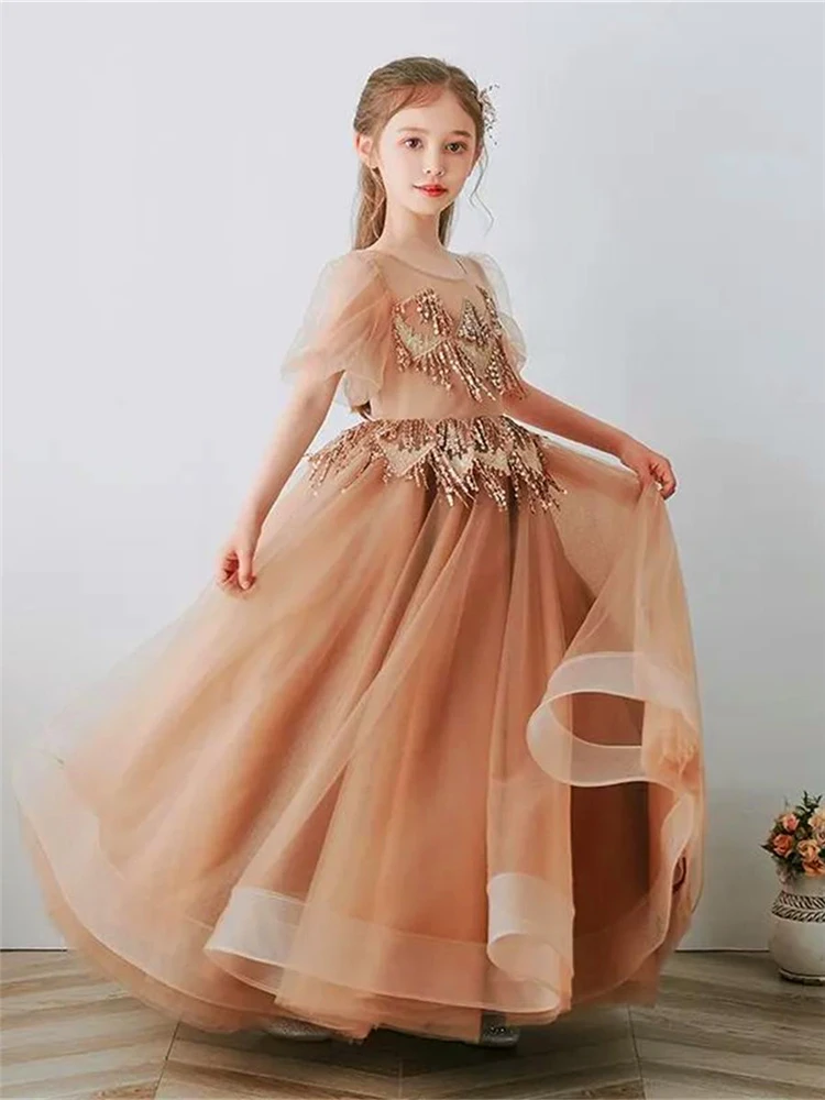 Robe de demoiselle d'honneur en tulle et dentelle, tenue de soirée élégante, à manches courtes, avec impression, pour première communion, cadeau d'anniversaire pour enfants