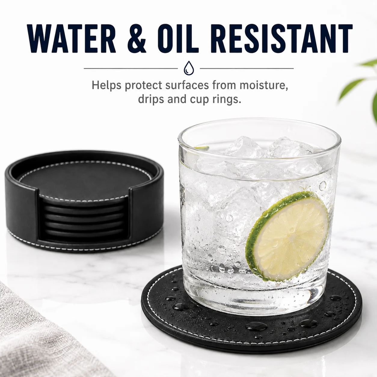 Uwhise 6 Pcs Double Sided PU Leather Drink Coasters Set With Holder Double Sided Round Cup Mat Water Resistant For Office Desk