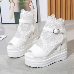 Summer Crystals Buckle Platform Sandals Women Cool ZIP Boots 10cm Wedges Heel Height Increasing Peep Toe Lace breathable Shoes