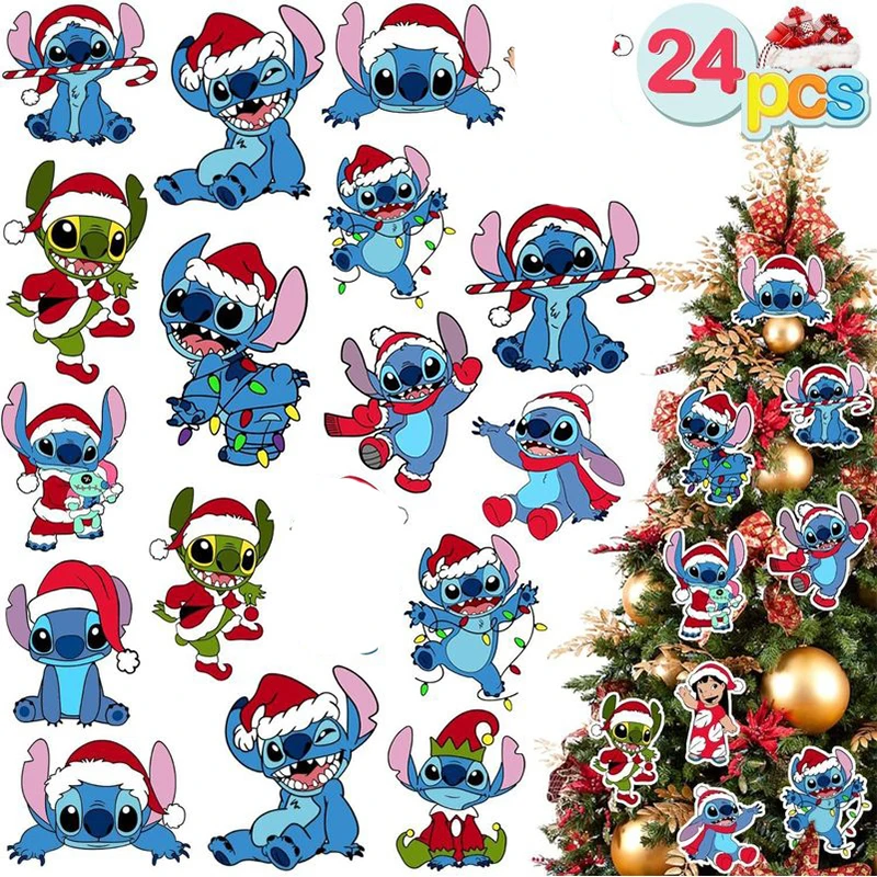 24/36pcs Wooden Christmas Tree Ornaments Disney Stitch Cartoon Hanging Pendant Decoration Tag Set 2025 Christmas Party Supplies