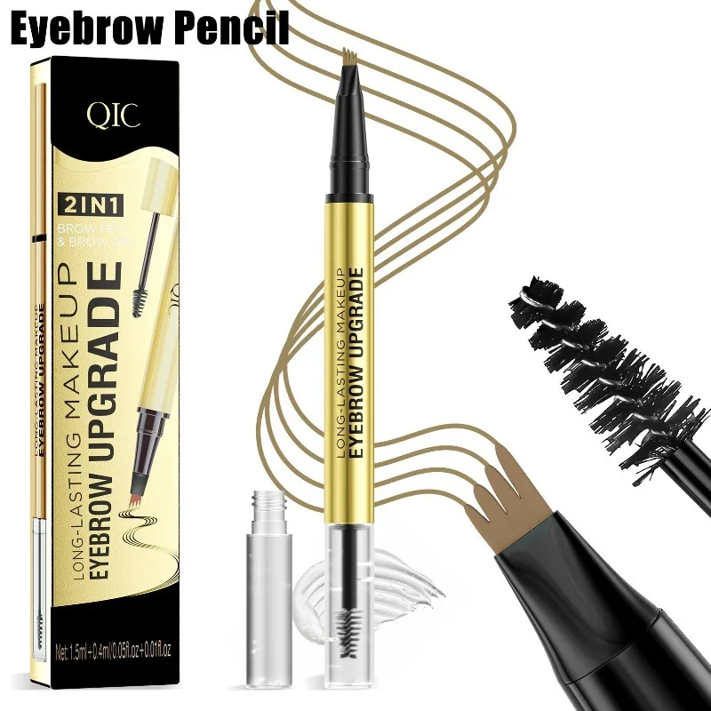 Lápis de sobrancelha de quatro garras 2 em 1, caneta de sobrancelhas com gel de vedação, maquiagem de sobrancelha para sobrancelhas mais cheias de aparência real, brilho de inverno