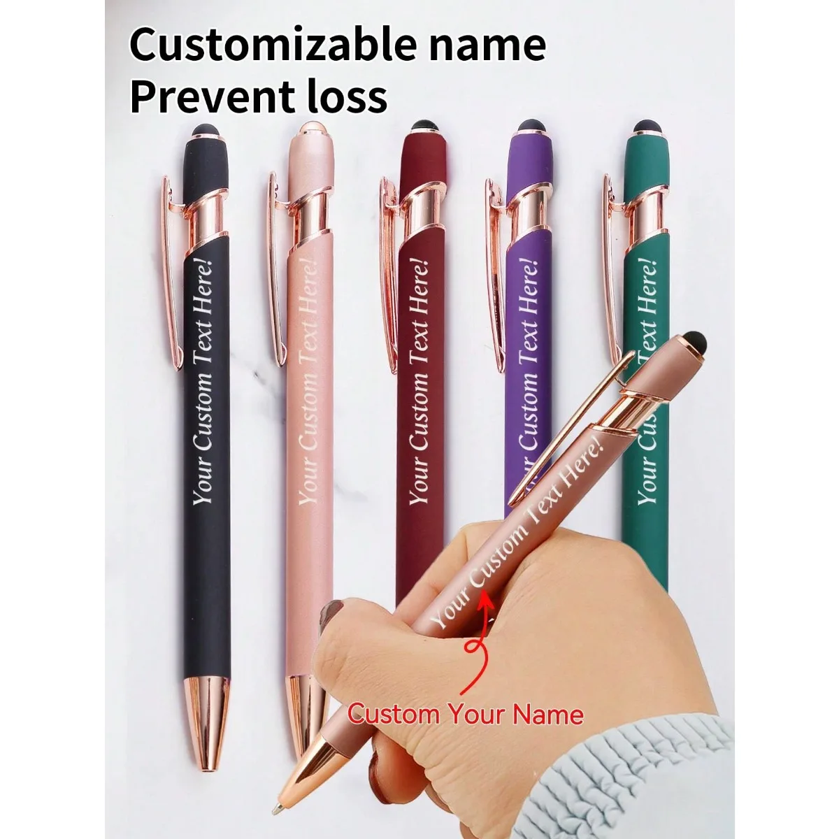 Personalized Metal Ballpoint Pen Custom Text Name Rose Gold Clip Soft Touch Engraved Pen Office Teacher Wedding Business Gift.