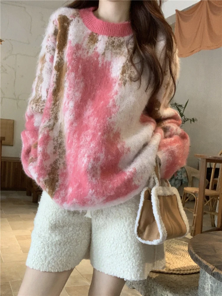 

Trendy Loose Tie Dye Contrasting Pullover Sweater Women's Winter New Round Collar Oversize Knit Tops Long Sleeves Fuzzy Jumpers