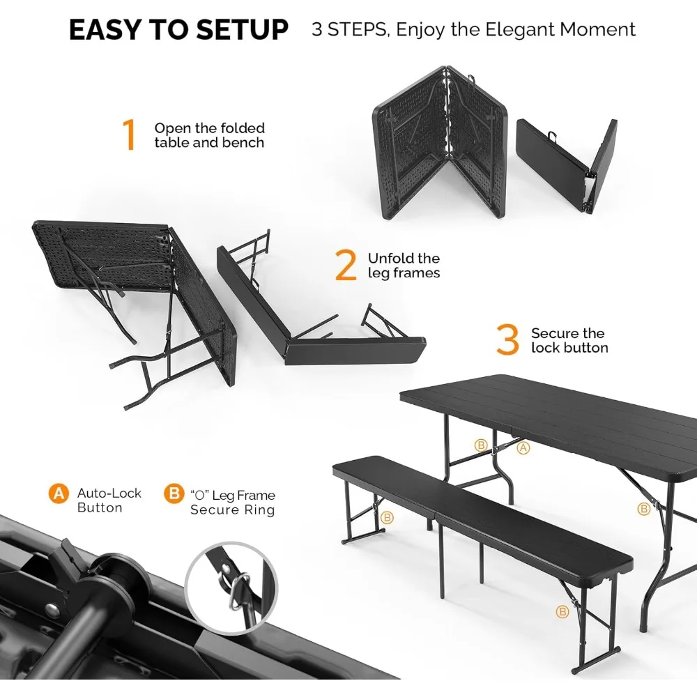 طقم طاولة نزهة قابلة للطي مع مقعدين، أثاث للتخييم في الهواء الطلق بطول 6 أقدام، طقم كراسي طاولة محمولة مكون من 3 قطع للاستخدام الداخلي والخارجي #5