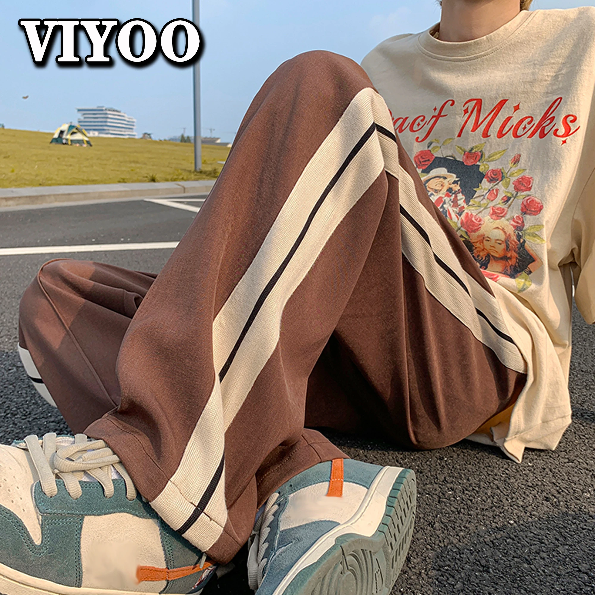 

Japanese Y2K Patchwork Pants Men Side Striped Casual Trousers Sweatpants Streetwear Korean Brown White Summer Wide Pants Male