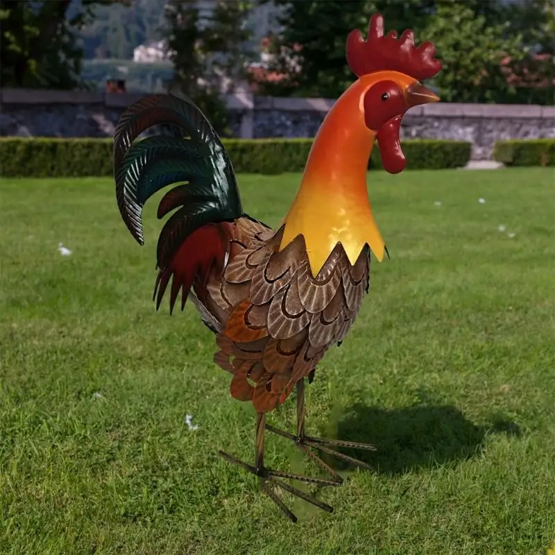 Iron Rooster Sculpture Figure Statue Unique Gardening Accent For Home Decoration JOMD
