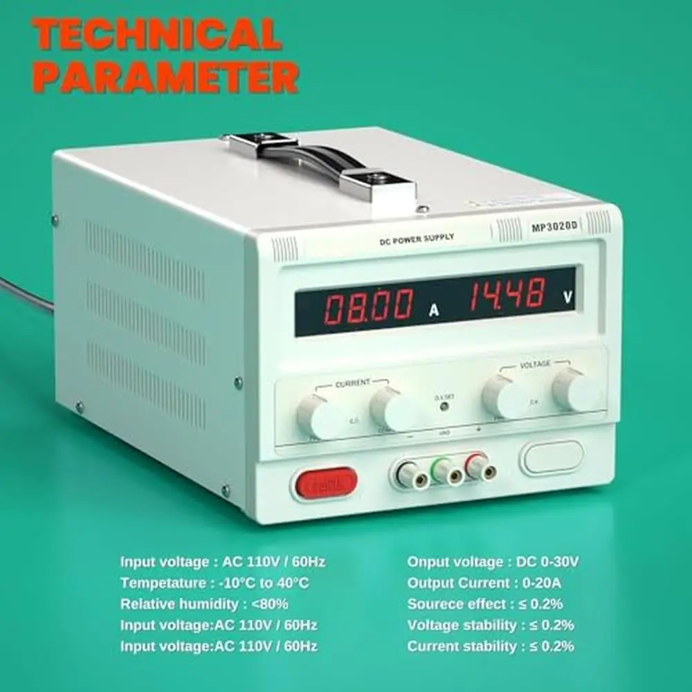 Adjustable Variable Power Supply 0-30V 0-20A Regulated Lab DC Bench Power LCD Display & Multiple Protections Portable Handle ATX