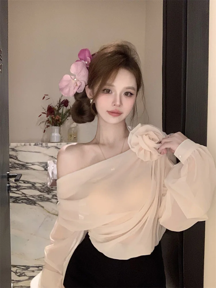 Long Sleeved Off Shoulder Chiffon Tops Women Spring 3D Flower Slim Y2k Shirts French Sweet Spicy Girl All Match Blouses