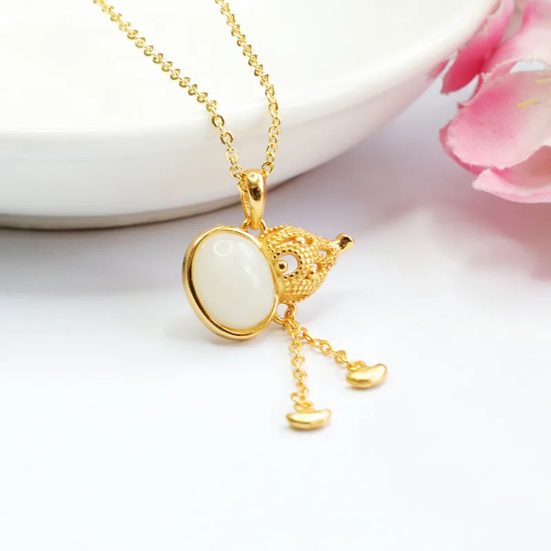 

S925 Silver Gourd Pendant Natural White Hetian Jade Prosperity Charm HT2062902