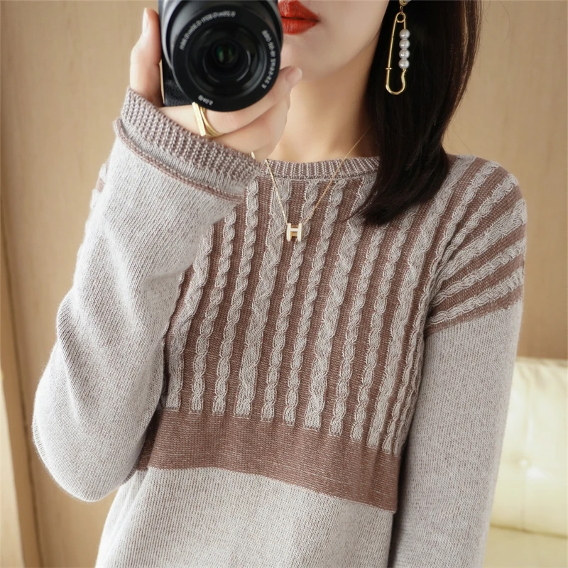 Hot Sale New Autumn Winter 100% Pure Cotton Sweater Women O-neck Pullover Contrast Vertical Stripe Loose Casual Knit Base Tops