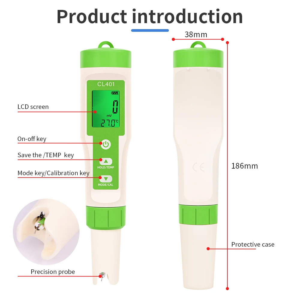 New Portable Chlorine Meter 2/3/4/5 in 1 Water Quality Tester  CL2 TEMP pH H2 ORP Measuring Pen For Aquarium Swimming Pool