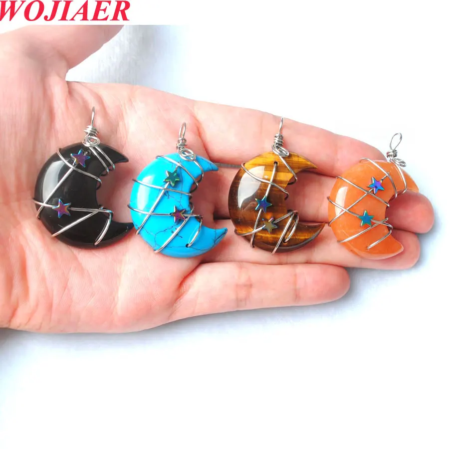 Moon Natural Stone Necklace Reiki Chakra Pendants Star Wire Wrap Pink Quartz Turquoise Women Jewelry Pendulo Chain 18 Inch BO979