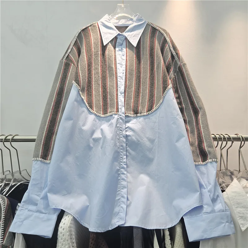 

SuperAen, новая весенняя полосатая вязаная лоскутная рубашка в европейском и американском стиле с длинными рукавами, женские дизайнерские свободные топы с воротником-поло