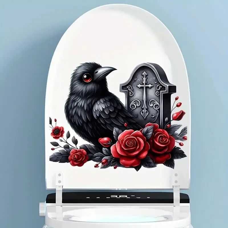 Raven and Red Roses Toilet Lid Decal - Gothic Style, Easy-to-Apply, Decoration for Living Room, Wall, Bedroom, and Home