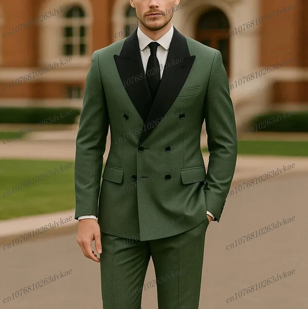 

Зеленый мужской костюм с синим воротником, жених, жениха, свадебной вечеринки, выпускного вечера, деловые мужские смокинги по индивидуальному заказу, комплект из 2 предметов, пиджак, брюки