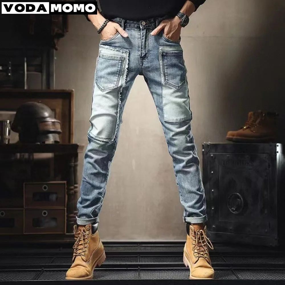

Men's Skinny Jeans Youth Vitality Male Streetwear Denim Pencil Pants Button Slim Patch Multi Pocket Spring Autumn y2k Pants Men
